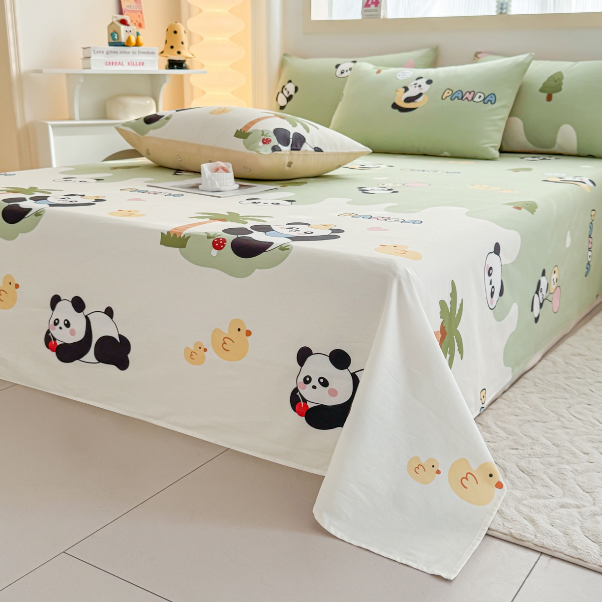 91家纺网 家纺一手货源 找家纺 小蓝孩家纺 2026新款12868全棉印花单床单(联系商家可打折，尺寸可定制) 熊猫鸭鸭乐-绿