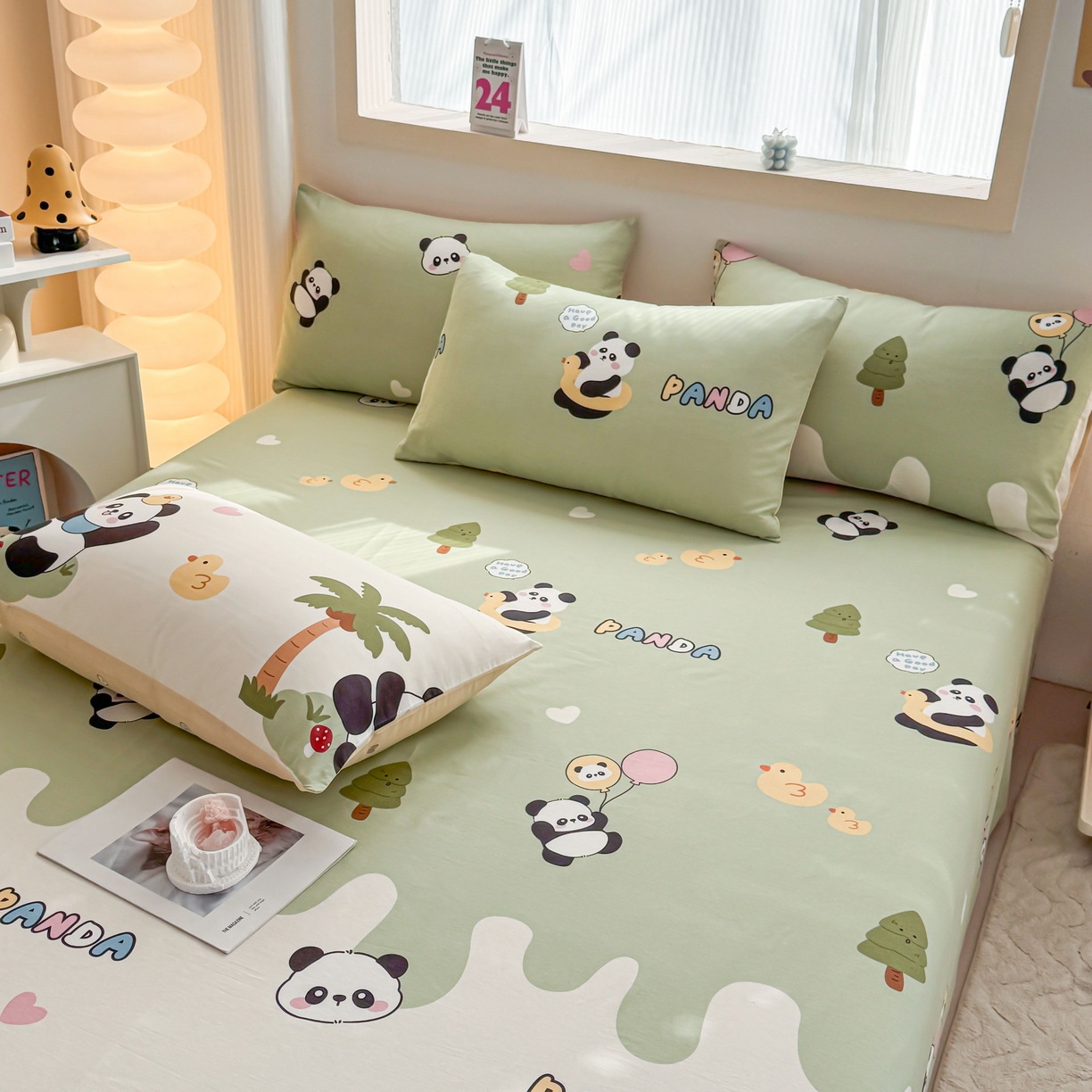 91家纺网 家纺一手货源 找家纺 小蓝孩家纺 2026新款12868全棉印花单床单(联系商家可打折，尺寸可定制) 熊猫鸭鸭乐-绿