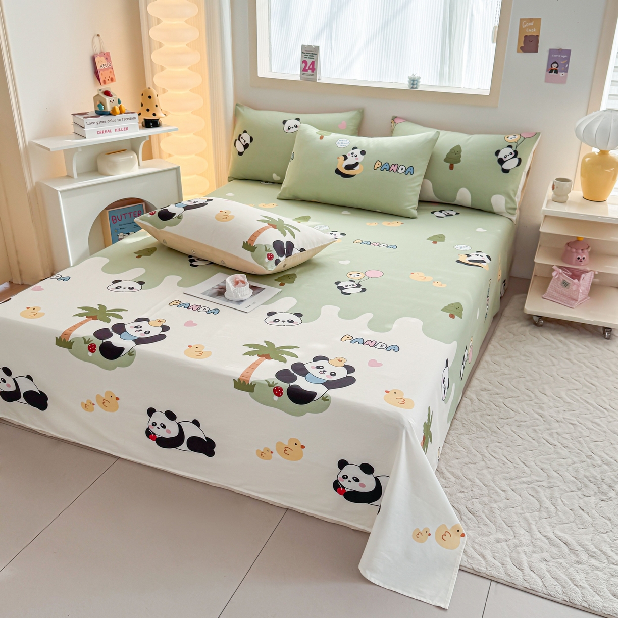 91家纺网 家纺一手货源 找家纺 小蓝孩家纺 2026新款12868全棉印花单床单(联系商家可打折，尺寸可定制) 熊猫鸭鸭乐-绿