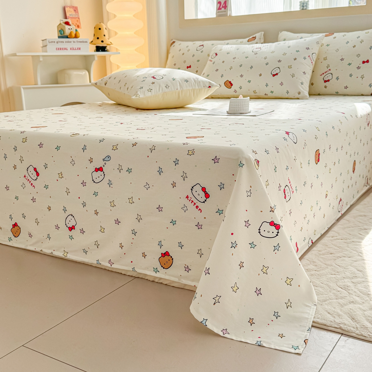 91家纺网 家纺一手货源 找家纺 小蓝孩家纺 2026新款12868全棉印花单床单(联系商家可打折，尺寸可定制) 星星凯蒂猫