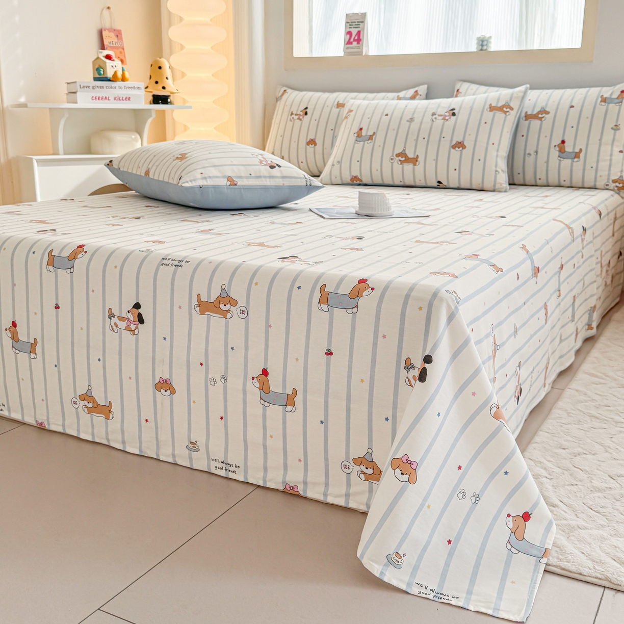 91家纺网 家纺一手货源 找家纺 小蓝孩家纺 2026新款12868全棉印花单床单(联系商家可打折，尺寸可定制) 糖纸童年