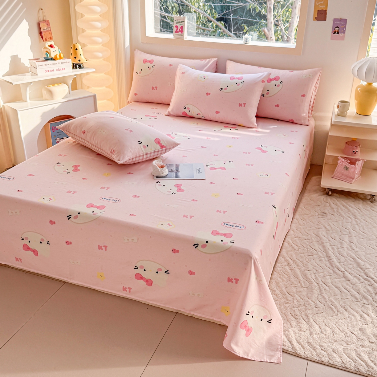 91家纺网 家纺一手货源 找家纺 小蓝孩家纺 2026新款12868全棉印花单床单(联系商家可打折，尺寸可定制) 甜心猫咪