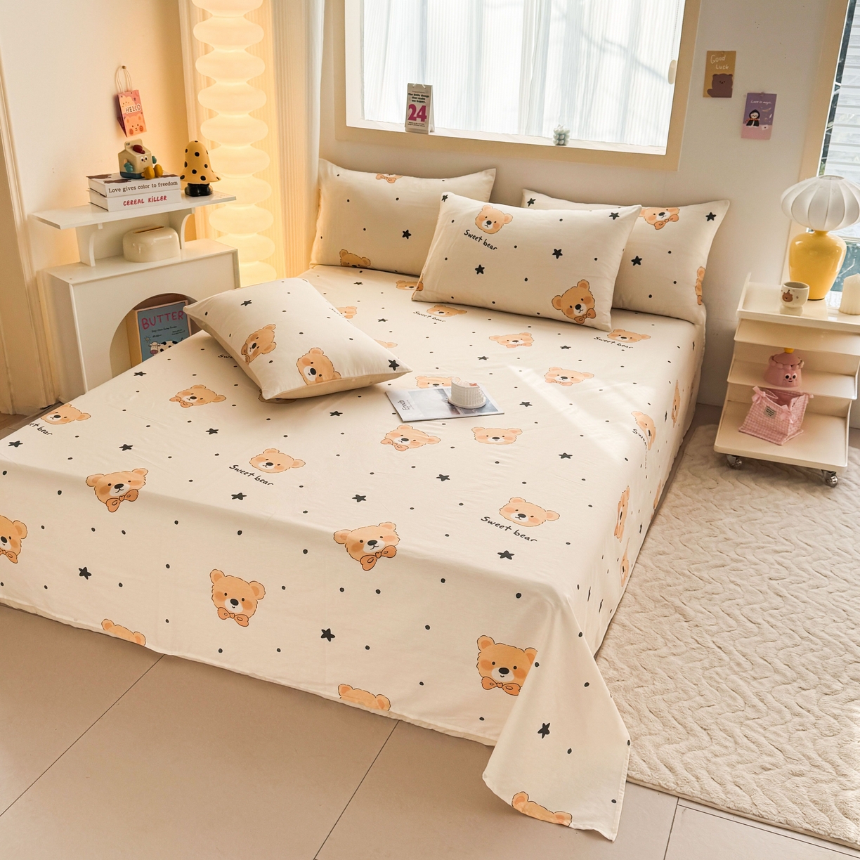 91家纺网 家纺一手货源 找家纺 小蓝孩家纺 2026新款12868全棉印花单床单(联系商家可打折，尺寸可定制) 领结熊宝