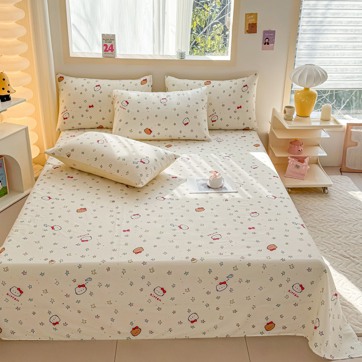 小蓝孩家纺 2026新款12868全棉印花单床单(联系商家可打折，尺寸可定制) 星星凯蒂猫