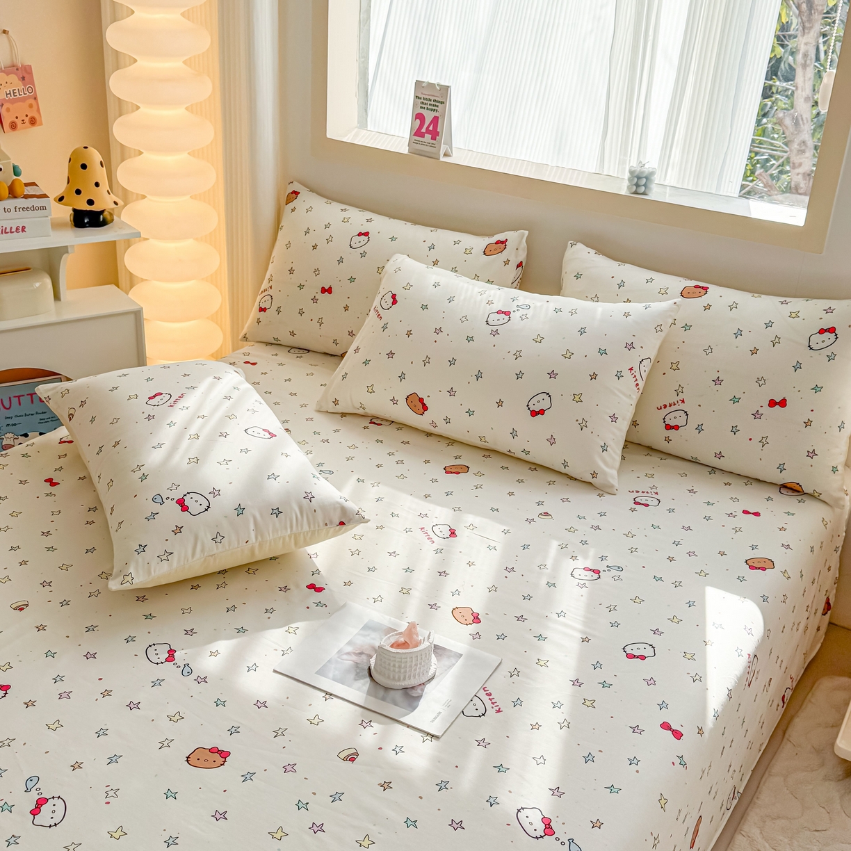 91家纺网 家纺一手货源 找家纺 小蓝孩家纺 2026新款12868全棉印花单床单(联系商家可打折，尺寸可定制) 星星凯蒂猫