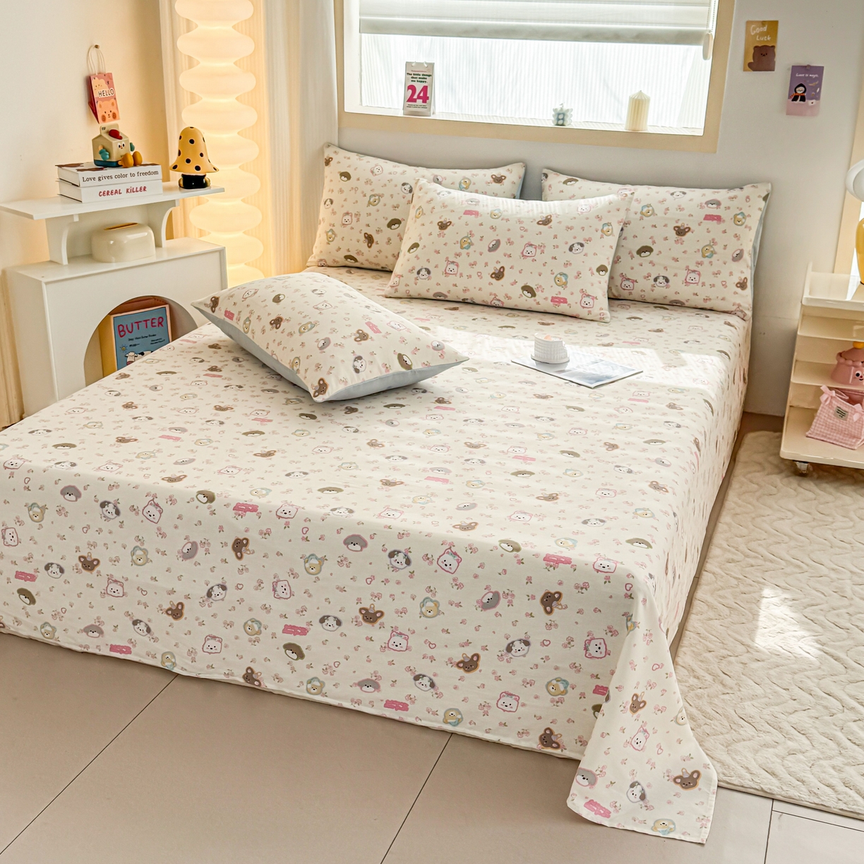 91家纺网 家纺一手货源 找家纺 小蓝孩家纺 2026新款12868全棉印花单床单(联系商家可打折，尺寸可定制) 萌宠伙伴