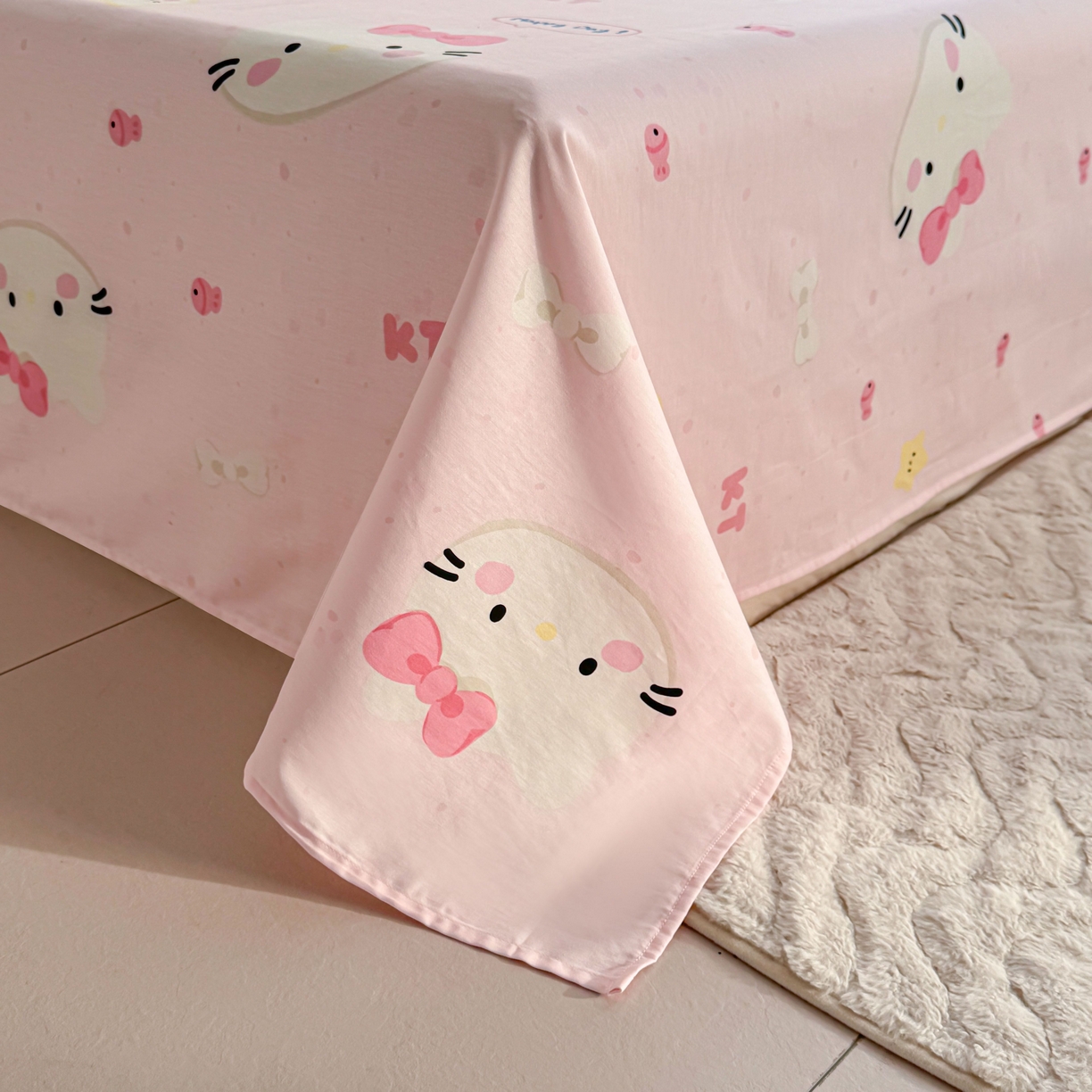 91家纺网 家纺一手货源 找家纺 小蓝孩家纺 2026新款12868全棉印花单床单(联系商家可打折，尺寸可定制) 甜心猫咪