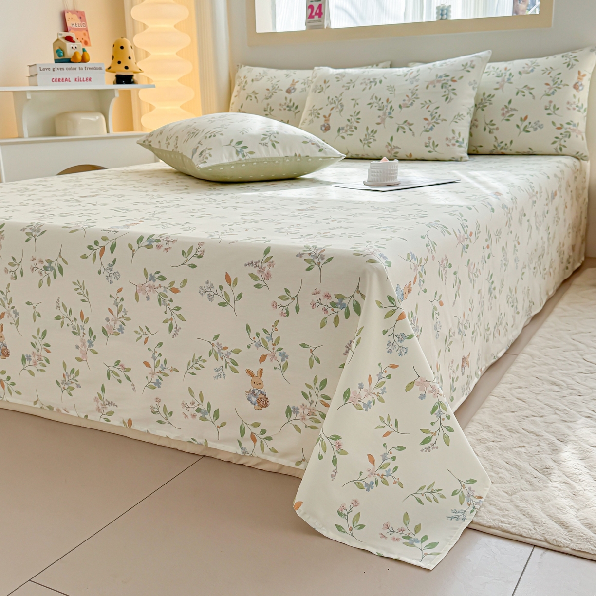 91家纺网 家纺一手货源 找家纺 小蓝孩家纺 2026新款12868全棉印花单床单(联系商家可打折，尺寸可定制) 风铃小兔