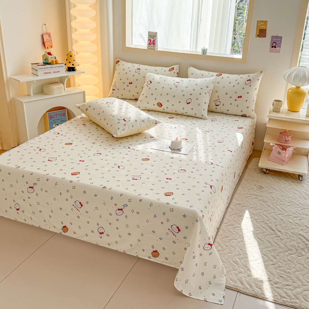 91家纺网 家纺一手货源 找家纺 小蓝孩家纺 2026新款12868全棉印花单床单(联系商家可打折，尺寸可定制) 星星凯蒂猫