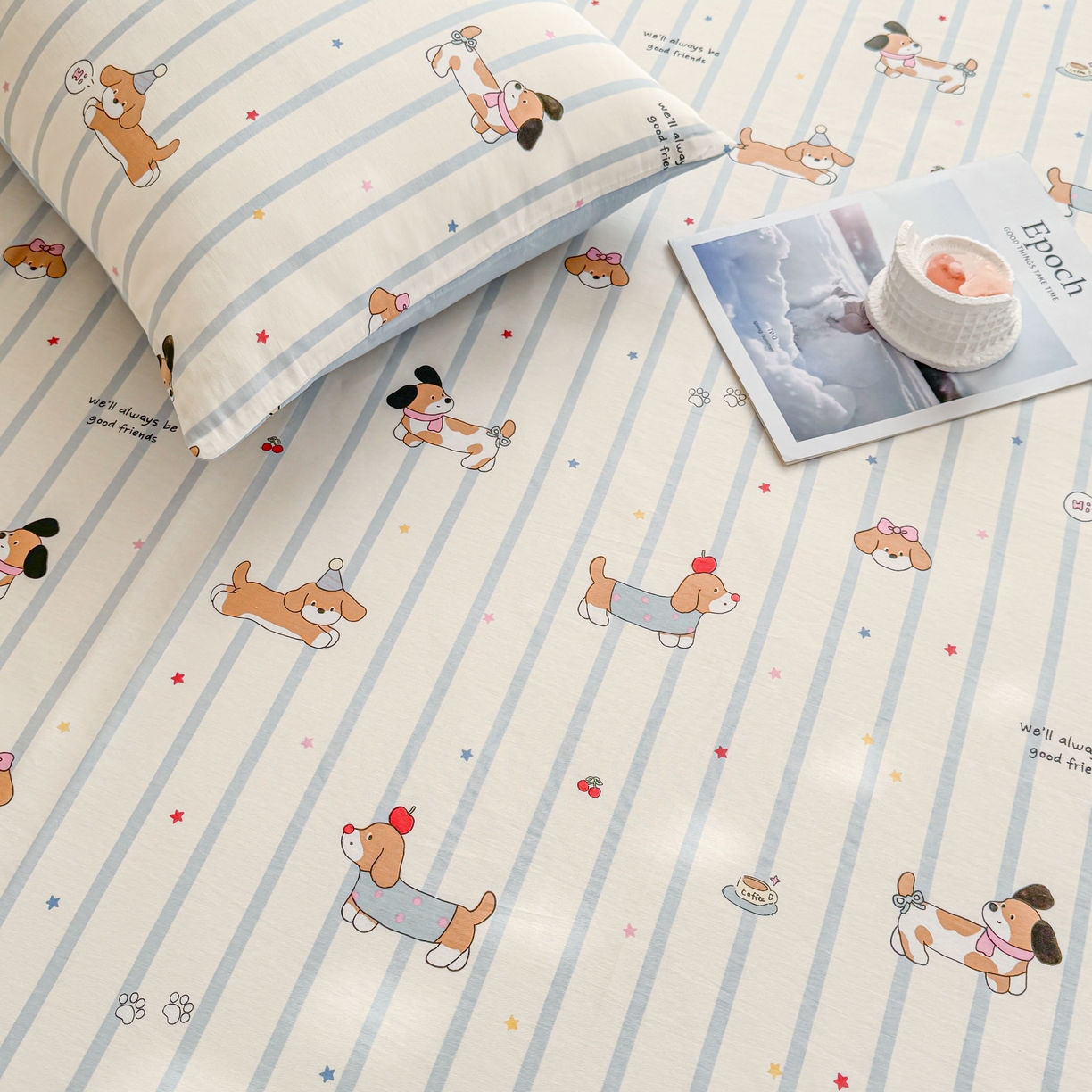 91家纺网 家纺一手货源 找家纺 小蓝孩家纺 2026新款12868全棉印花单床单(联系商家可打折，尺寸可定制) 糖纸童年