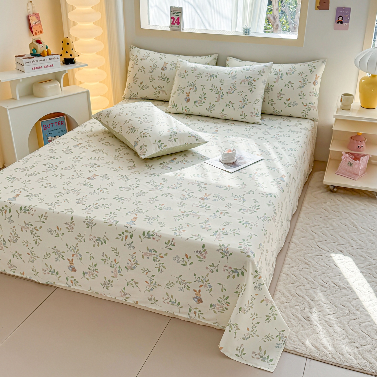 91家纺网 家纺一手货源 找家纺 小蓝孩家纺 2026新款12868全棉印花单床单(联系商家可打折，尺寸可定制) 风铃小兔