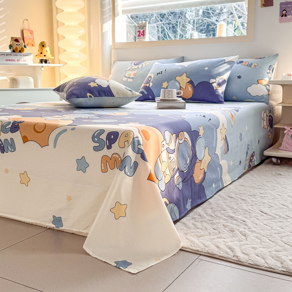 91家纺网 家纺一手货源 找家纺 小蓝孩家纺 2026新款12868全棉印花单床单(联系商家可打折，尺寸可定制) 太空梦乐园