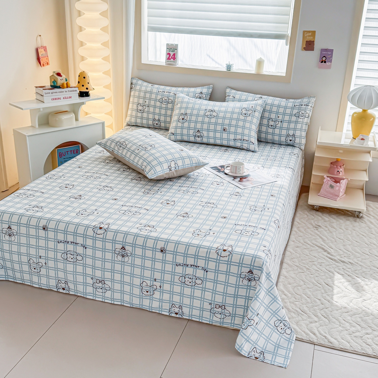 91家纺网 家纺一手货源 找家纺 小蓝孩家纺 2026新款12868全棉印花单床单(联系商家可打折，尺寸可定制) 忧郁棕熊