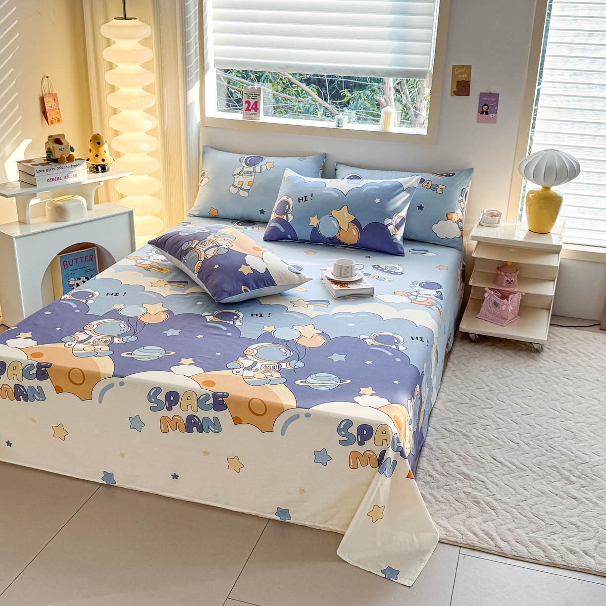 91家纺网 家纺一手货源 找家纺 小蓝孩家纺 2026新款12868全棉印花单床单(联系商家可打折，尺寸可定制) 太空梦乐园