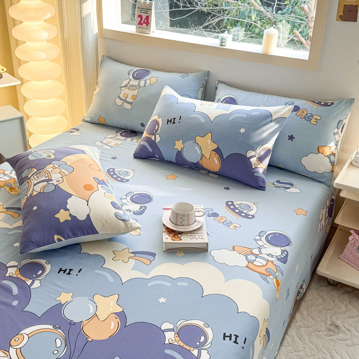 91家纺网 家纺一手货源 找家纺 小蓝孩家纺 2026新款12868全棉印花单床单(联系商家可打折，尺寸可定制) 太空梦乐园