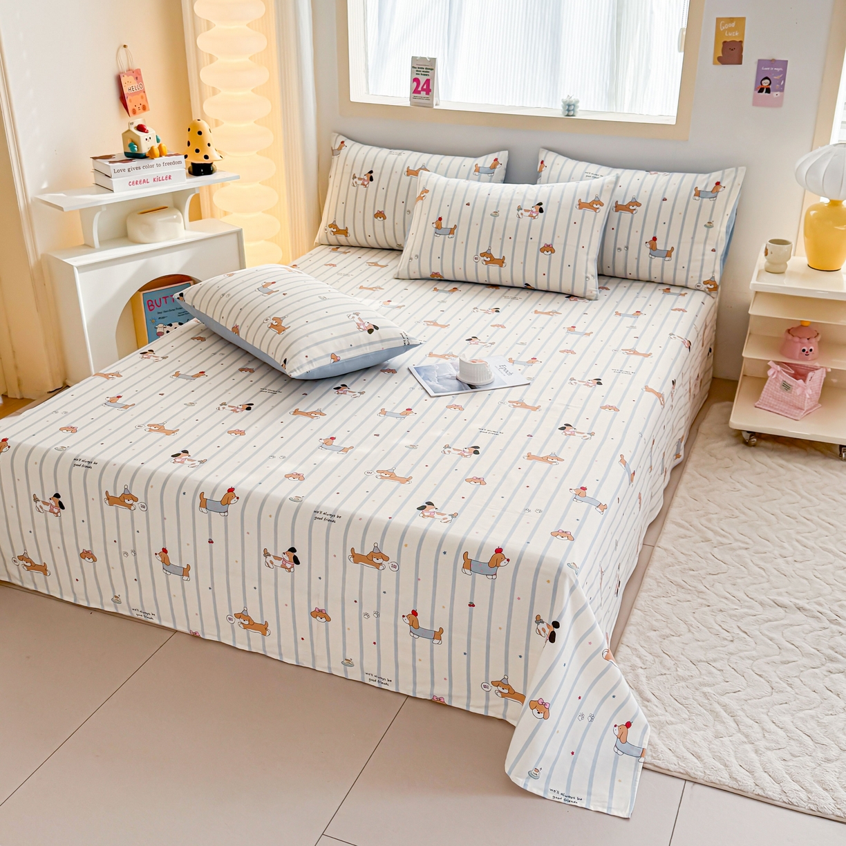 91家纺网 家纺一手货源 找家纺 小蓝孩家纺 2026新款12868全棉印花单床单(联系商家可打折，尺寸可定制) 糖纸童年