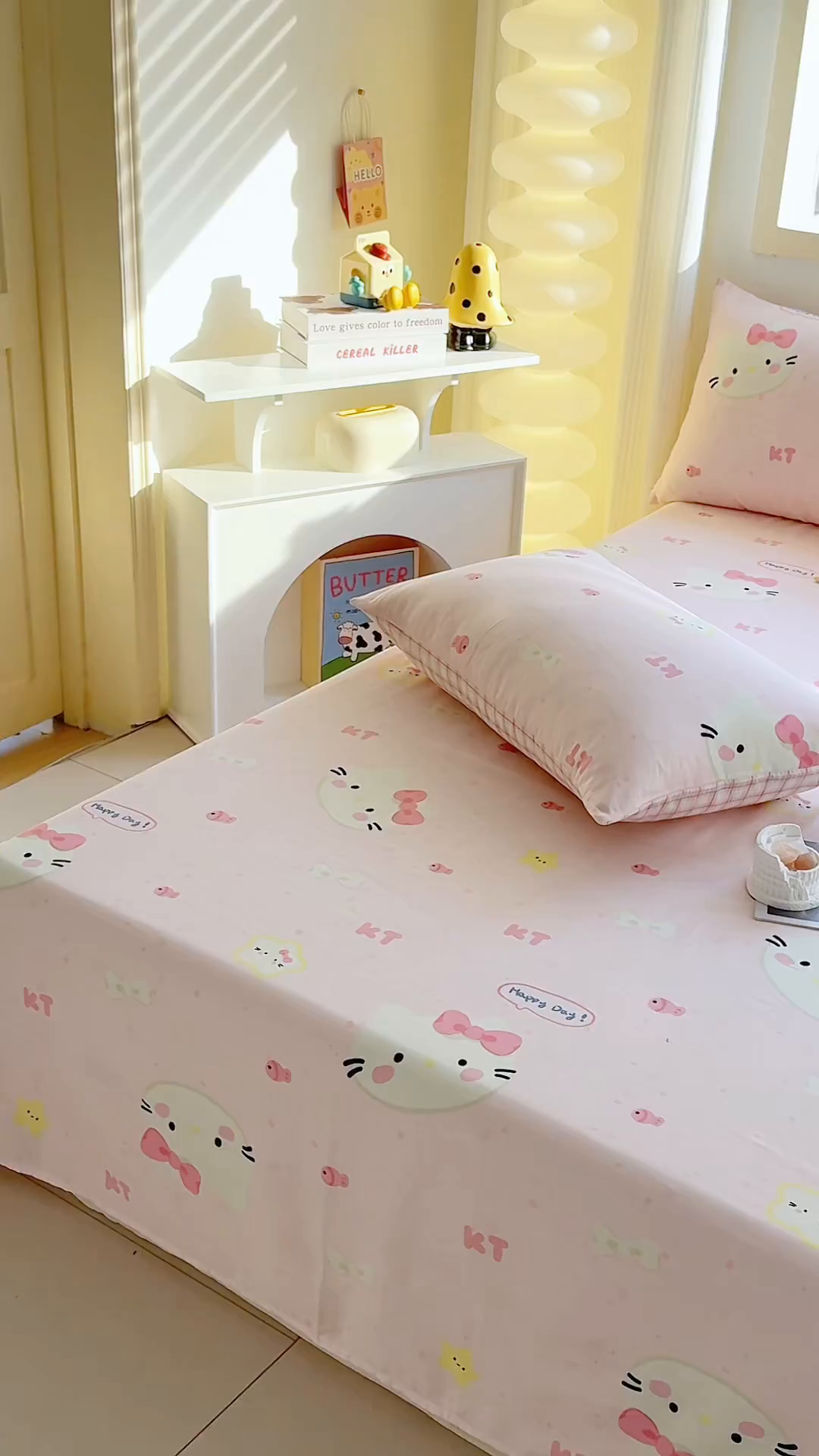 91家纺网 家纺一手货源 找家纺 小蓝孩家纺 2026新款12868全棉印花单床单(联系商家可打折，尺寸可定制) 甜心猫咪