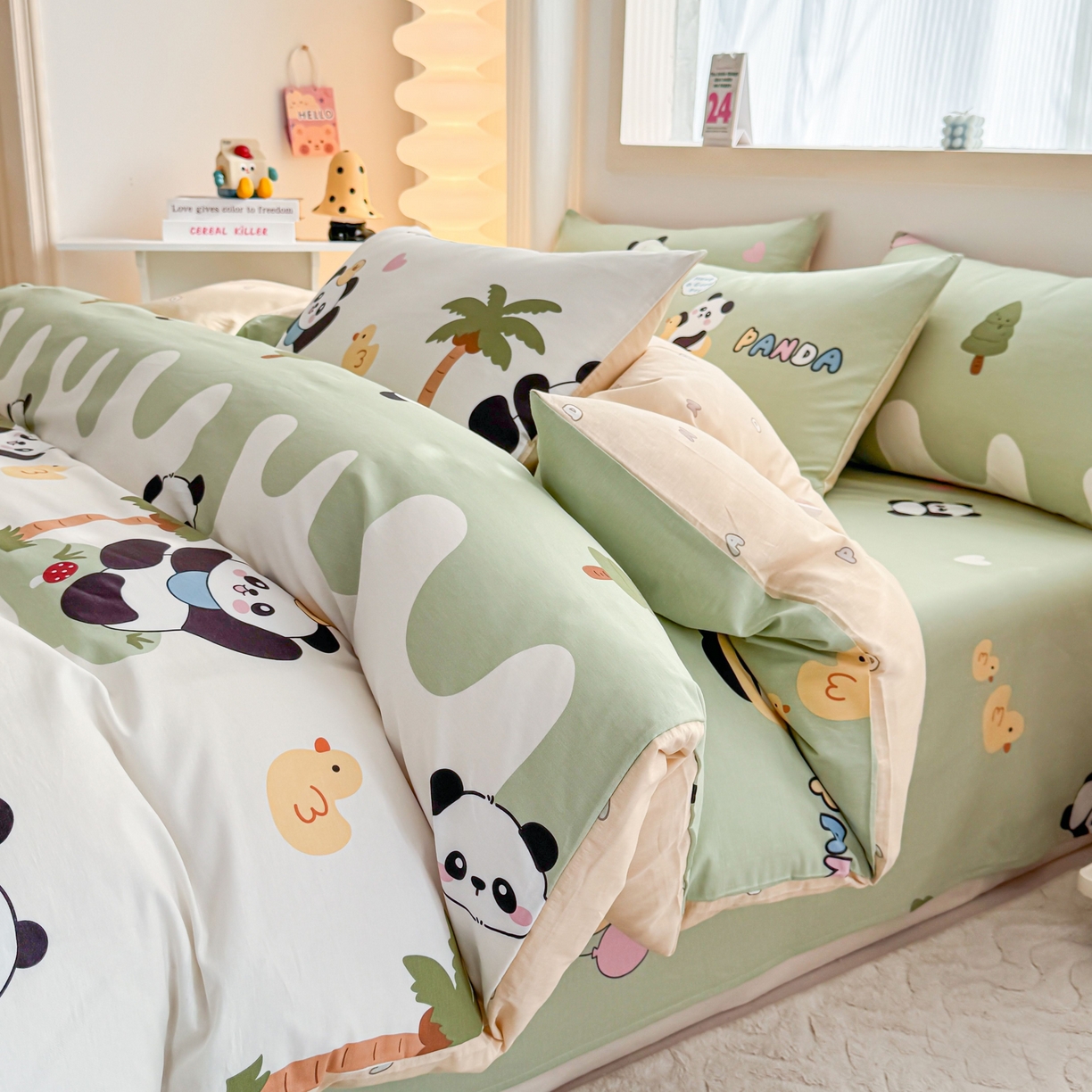 91家纺网 家纺一手货源 找家纺 小蓝孩家纺 2026新款12868全棉纯棉印花四件套（联系商家可打折，尺寸可定制） 熊猫鸭鸭乐-绿
