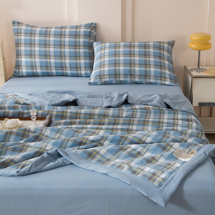 91家纺网 家纺一手货源 找家纺 禹祥家纺 2026新款水洗棉A类100%新疆棉花填充夏被可机洗空调被夏凉被学生被被子被芯 雅致格-蓝