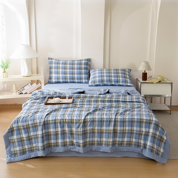 91家纺网 家纺一手货源 找家纺 禹祥家纺 2026新款水洗棉A类100%新疆棉花填充夏被可机洗空调被夏凉被学生被被子被芯 雅致格-蓝