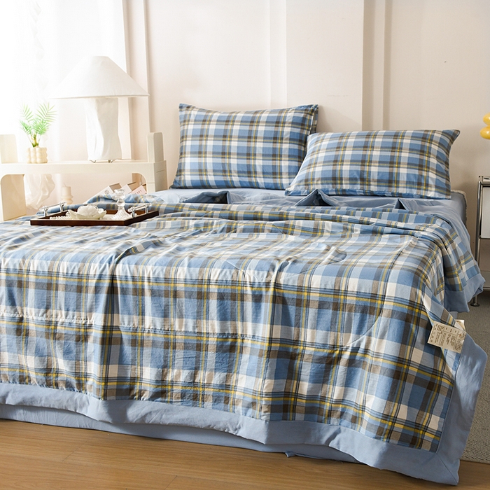 91家纺网 家纺一手货源 找家纺 禹祥家纺 2026新款水洗棉A类100%新疆棉花填充夏被可机洗空调被夏凉被学生被被子被芯 雅致格-蓝