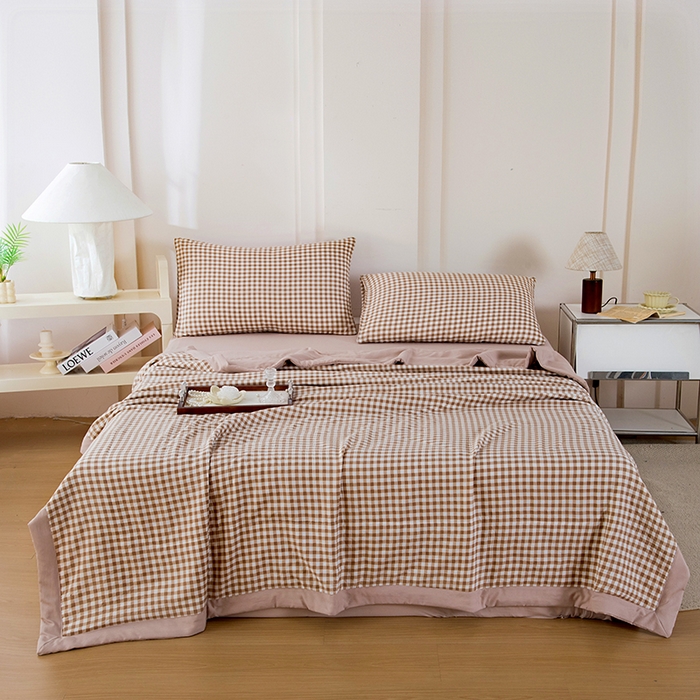 91家纺网 家纺一手货源 找家纺 禹祥家纺 2026新款水洗棉A类100%新疆棉花填充夏被可机洗空调被夏凉被学生被被子被芯 浅米小格