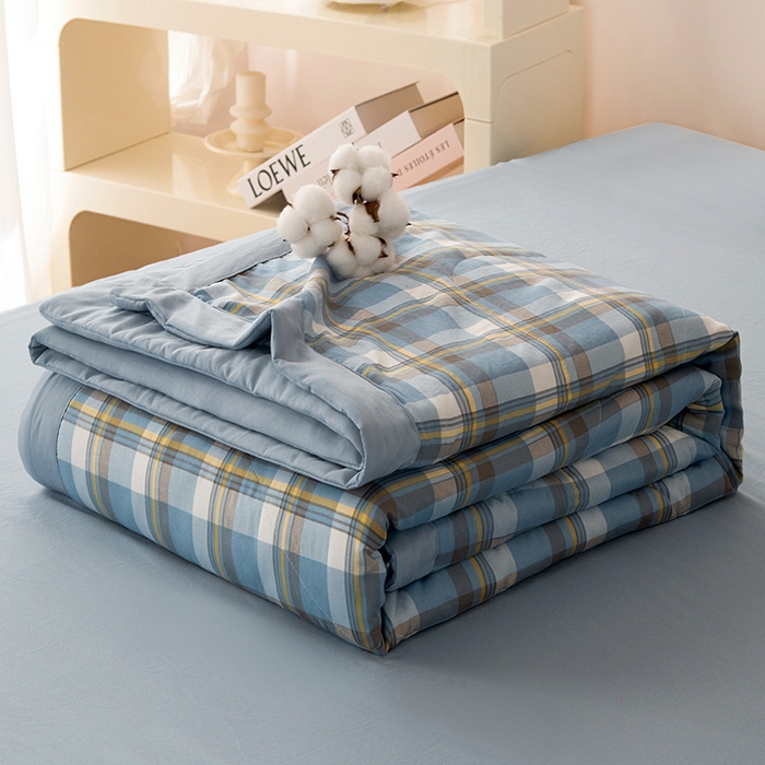 91家纺网 家纺一手货源 找家纺 禹祥家纺 2026新款水洗棉A类100%新疆棉花填充夏被可机洗空调被夏凉被学生被被子被芯 雅致格-蓝