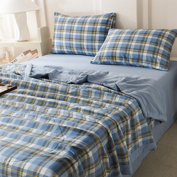 91家纺网 家纺一手货源 找家纺 禹祥家纺 2026新款水洗棉A类100%新疆棉花填充夏被可机洗空调被夏凉被学生被被子被芯 雅致格-蓝