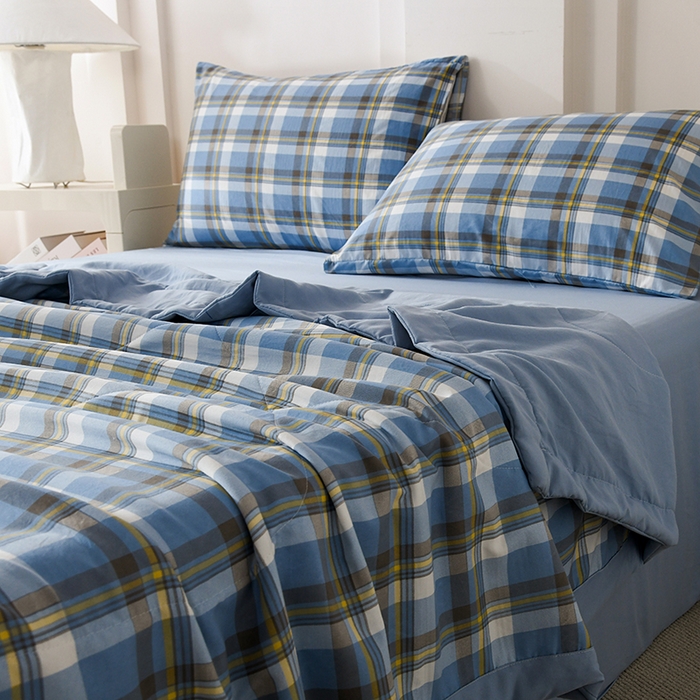 91家纺网 家纺一手货源 找家纺 禹祥家纺 2026新款水洗棉A类100%新疆棉花填充夏被可机洗空调被夏凉被学生被被子被芯 雅致格-蓝