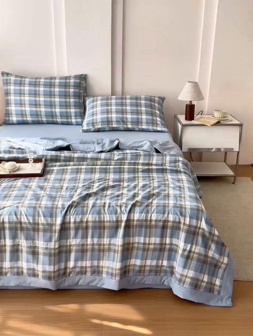 91家纺网 家纺一手货源 找家纺 禹祥家纺 2026新款水洗棉A类100%新疆棉花填充夏被可机洗空调被夏凉被学生被被子被芯 雅致格-蓝