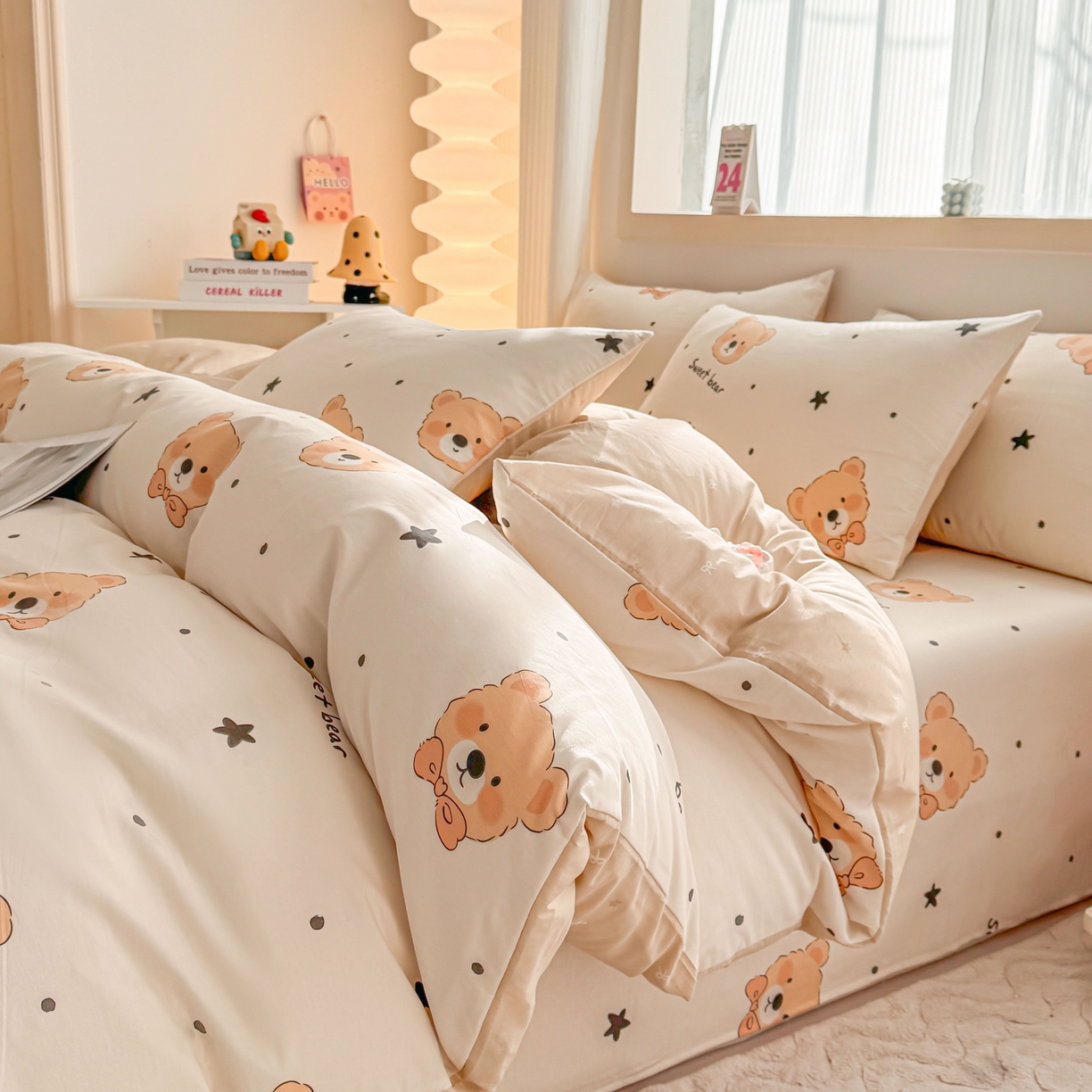 91家纺网 家纺一手货源 找家纺 小蓝孩家纺 2026新款12868全棉纯棉印花四件套（联系商家可打折，尺寸可定制） 领结熊宝