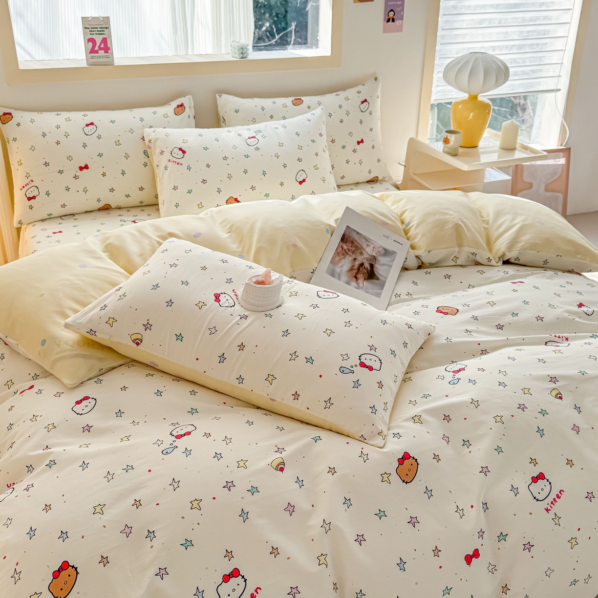 91家纺网 家纺一手货源 找家纺 小蓝孩家纺 2026新款12868全棉纯棉印花四件套（联系商家可打折，尺寸可定制） 星星凯蒂猫