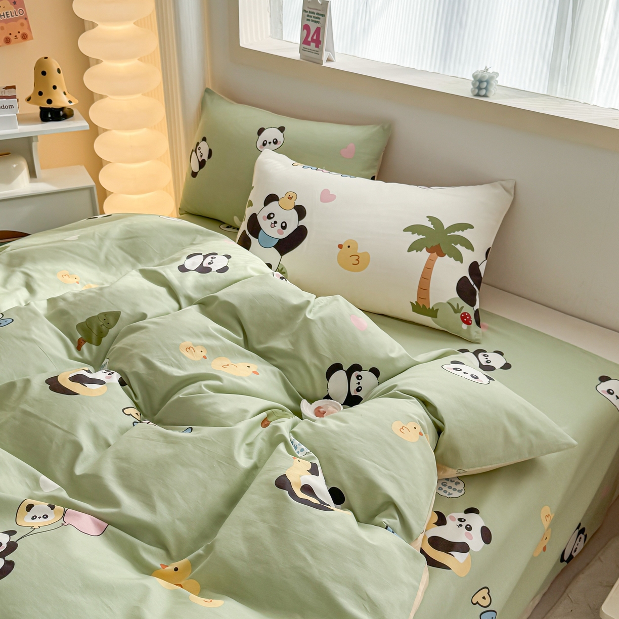 91家纺网 家纺一手货源 找家纺 小蓝孩家纺 2026新款12868全棉纯棉印花四件套（联系商家可打折，尺寸可定制） 熊猫鸭鸭乐-绿