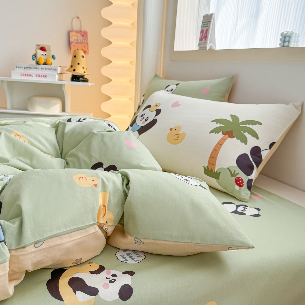 91家纺网 家纺一手货源 找家纺 小蓝孩家纺 2026新款12868全棉纯棉印花四件套（联系商家可打折，尺寸可定制） 熊猫鸭鸭乐-绿