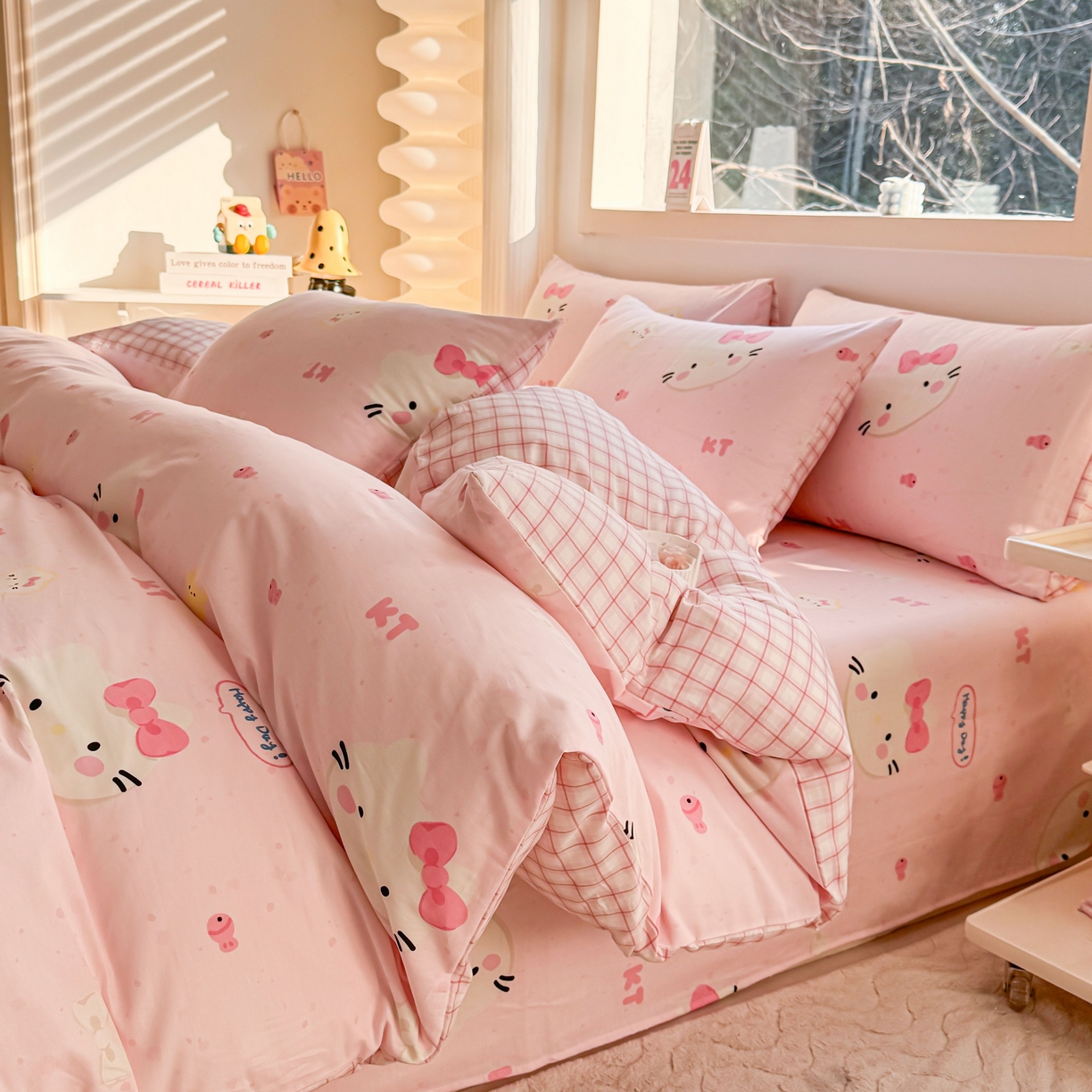 91家纺网 家纺一手货源 找家纺 小蓝孩家纺 2026新款12868全棉纯棉印花四件套（联系商家可打折，尺寸可定制） 甜心猫咪