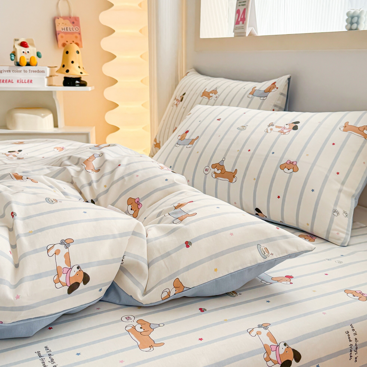 91家纺网 家纺一手货源 找家纺 小蓝孩家纺 2026新款12868全棉纯棉印花四件套（联系商家可打折，尺寸可定制） 糖纸童年