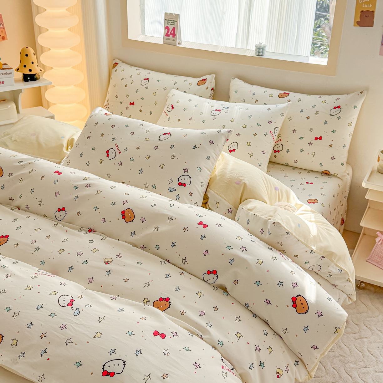 91家纺网 家纺一手货源 找家纺 小蓝孩家纺 2026新款12868全棉纯棉印花四件套（联系商家可打折，尺寸可定制） 星星凯蒂猫