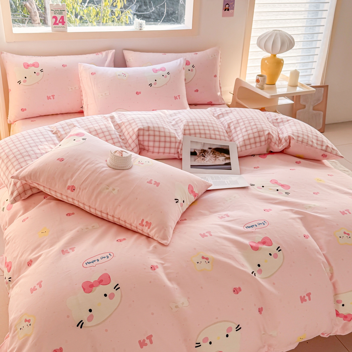 91家纺网 家纺一手货源 找家纺 小蓝孩家纺 2026新款12868全棉纯棉印花四件套（联系商家可打折，尺寸可定制） 甜心猫咪