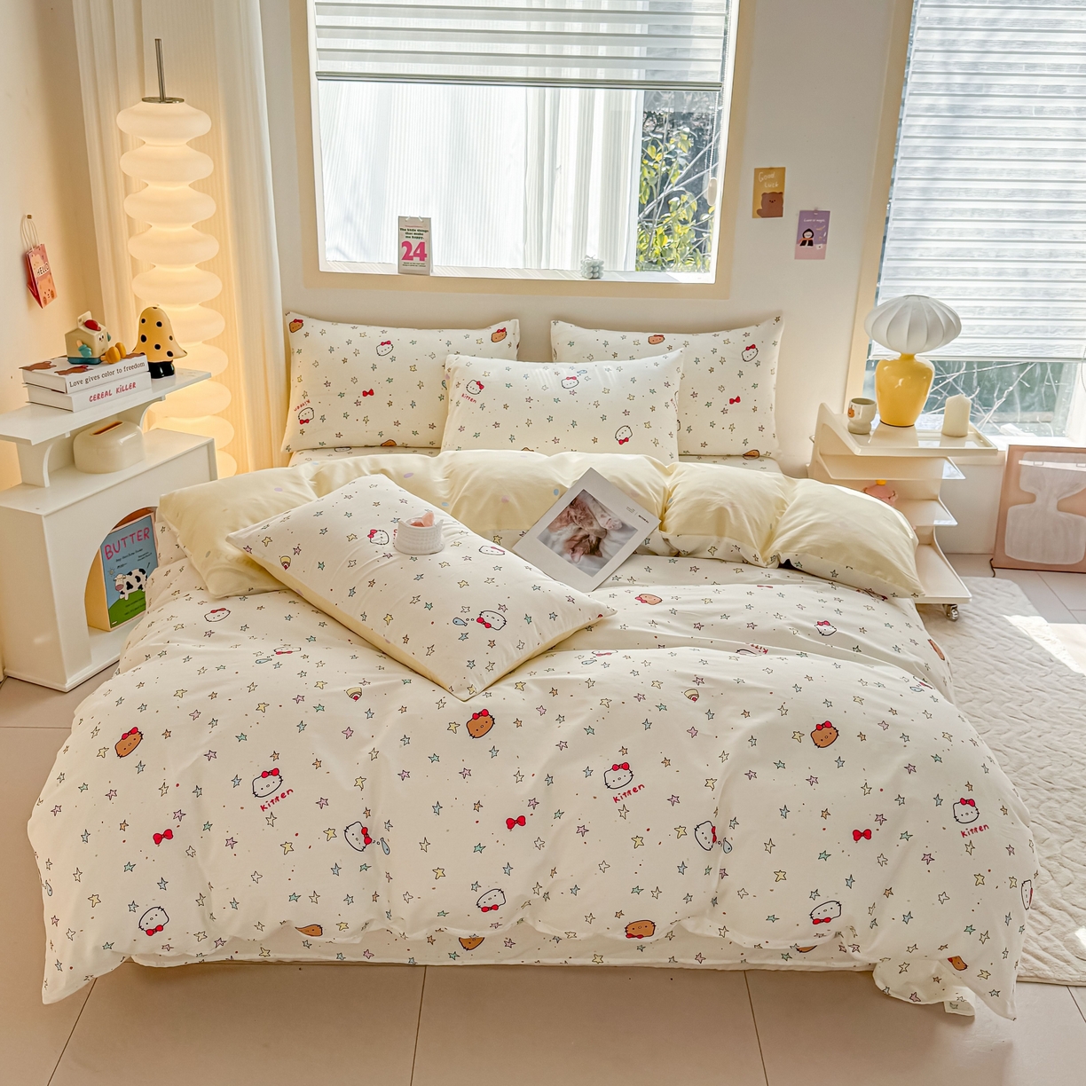 小蓝孩家纺 2026新款12868全棉纯棉印花四件套（联系商家可打折，尺寸可定制） 星星凯蒂猫