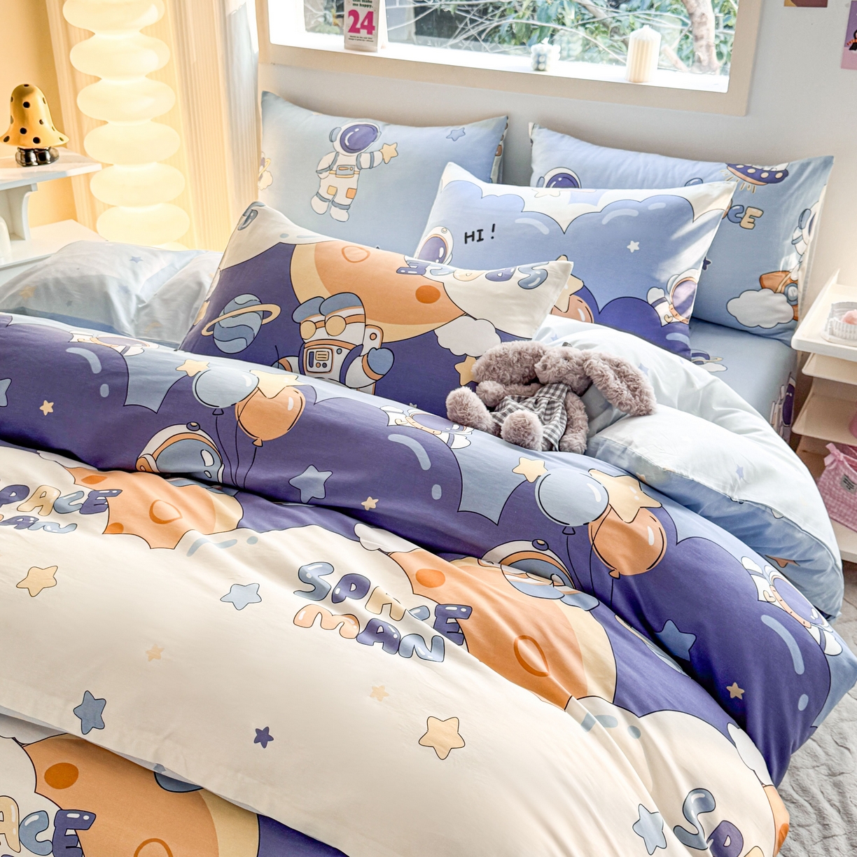 91家纺网 家纺一手货源 找家纺 小蓝孩家纺 2026新款12868全棉纯棉印花四件套（联系商家可打折，尺寸可定制） 太空梦乐园