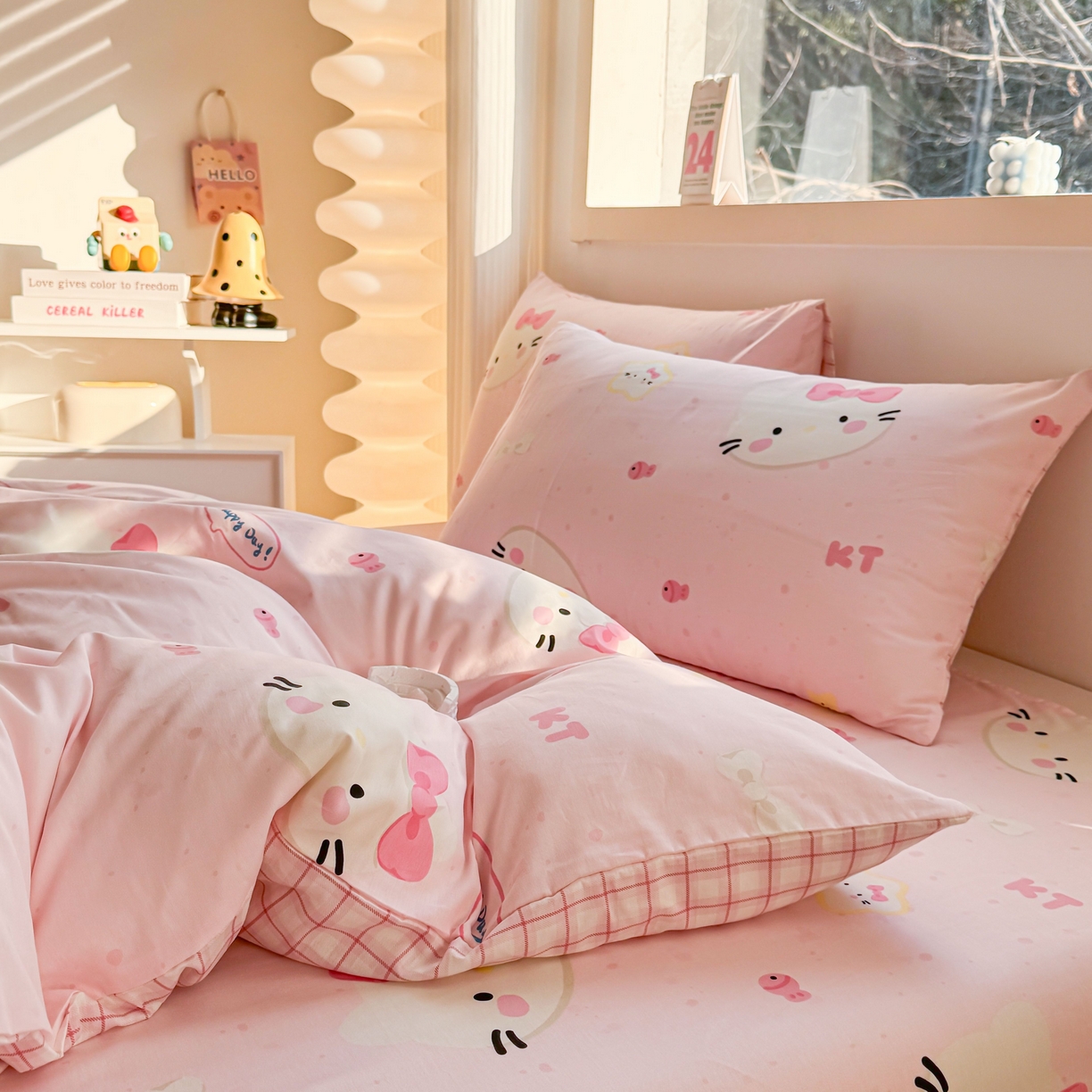 91家纺网 家纺一手货源 找家纺 小蓝孩家纺 2026新款12868全棉纯棉印花四件套（联系商家可打折，尺寸可定制） 甜心猫咪