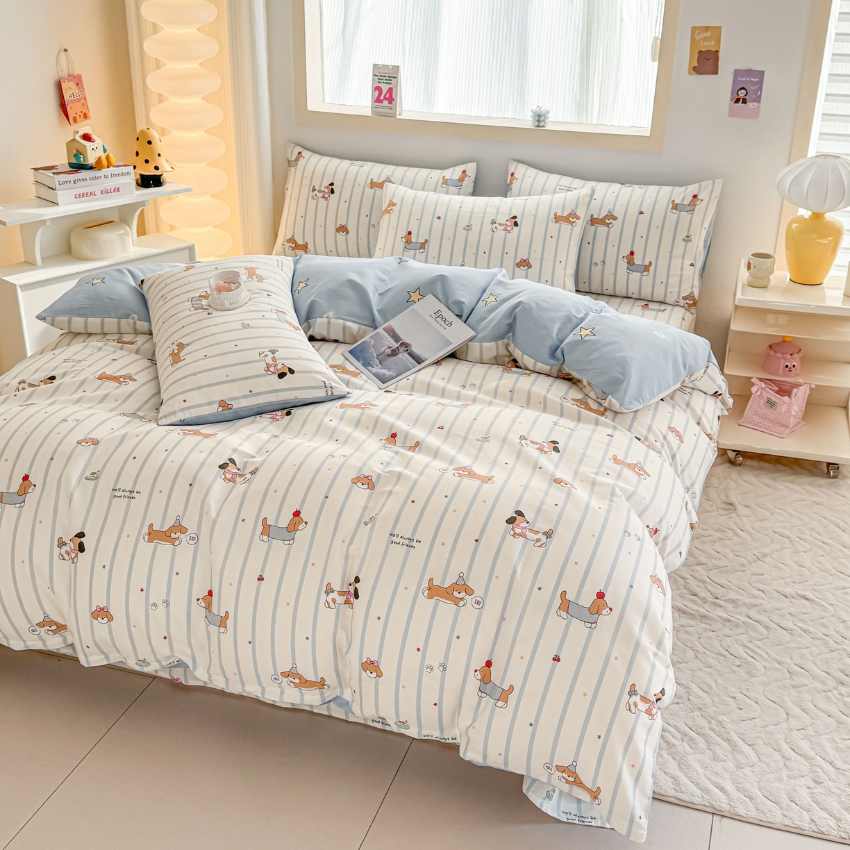 91家纺网 家纺一手货源 找家纺 小蓝孩家纺 2026新款12868全棉纯棉印花四件套（联系商家可打折，尺寸可定制） 糖纸童年