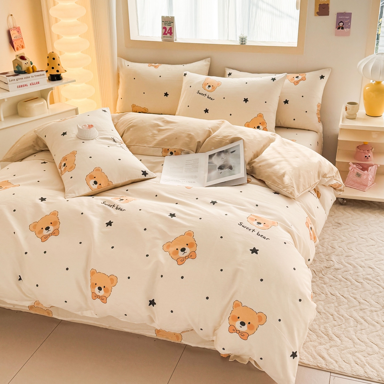 91家纺网 家纺一手货源 找家纺 小蓝孩家纺 2026新款12868全棉纯棉印花四件套（联系商家可打折，尺寸可定制） 领结熊宝