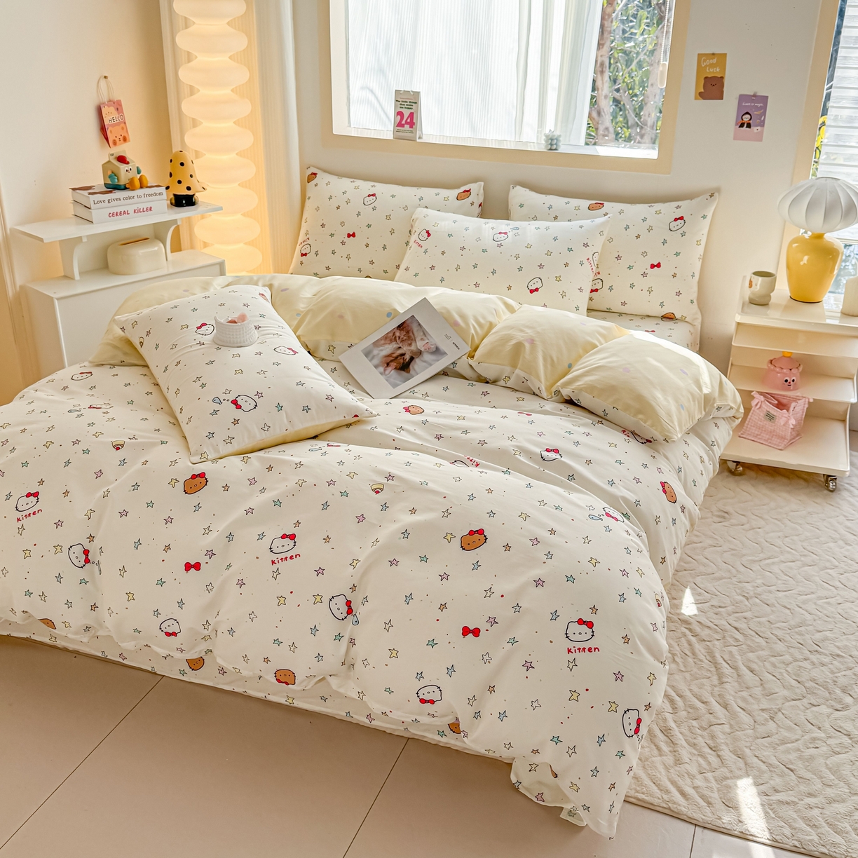 91家纺网 家纺一手货源 找家纺 小蓝孩家纺 2026新款12868全棉纯棉印花四件套（联系商家可打折，尺寸可定制） 星星凯蒂猫