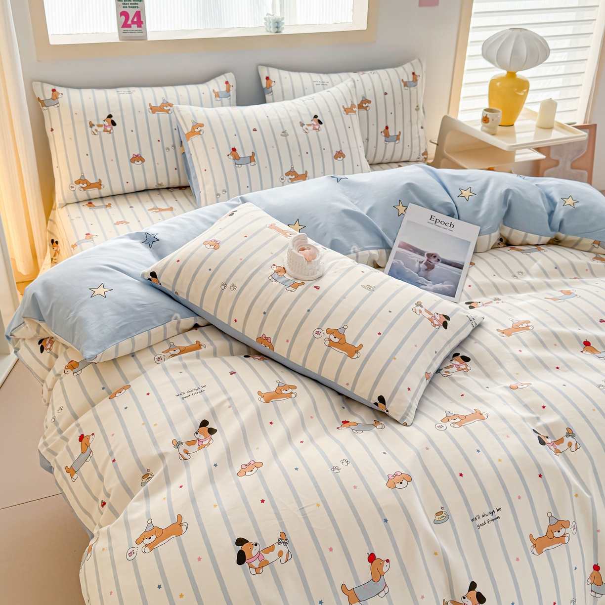 91家纺网 家纺一手货源 找家纺 小蓝孩家纺 2026新款12868全棉纯棉印花四件套（联系商家可打折，尺寸可定制） 糖纸童年