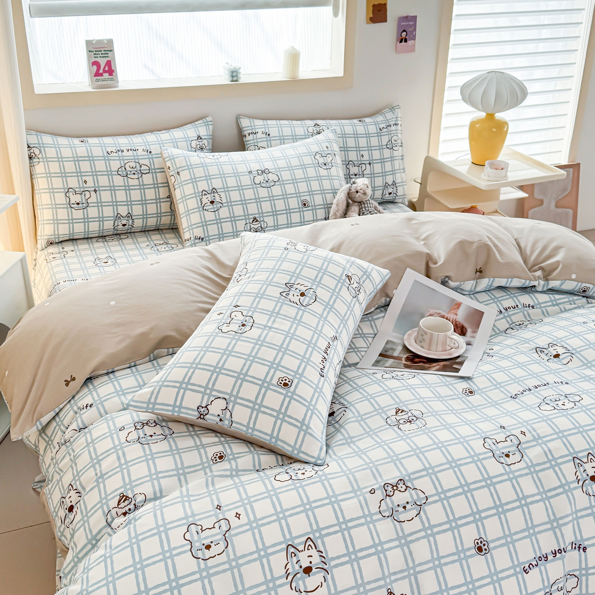 91家纺网 家纺一手货源 找家纺 小蓝孩家纺 2026新款12868全棉纯棉印花四件套（联系商家可打折，尺寸可定制） 忧郁棕熊