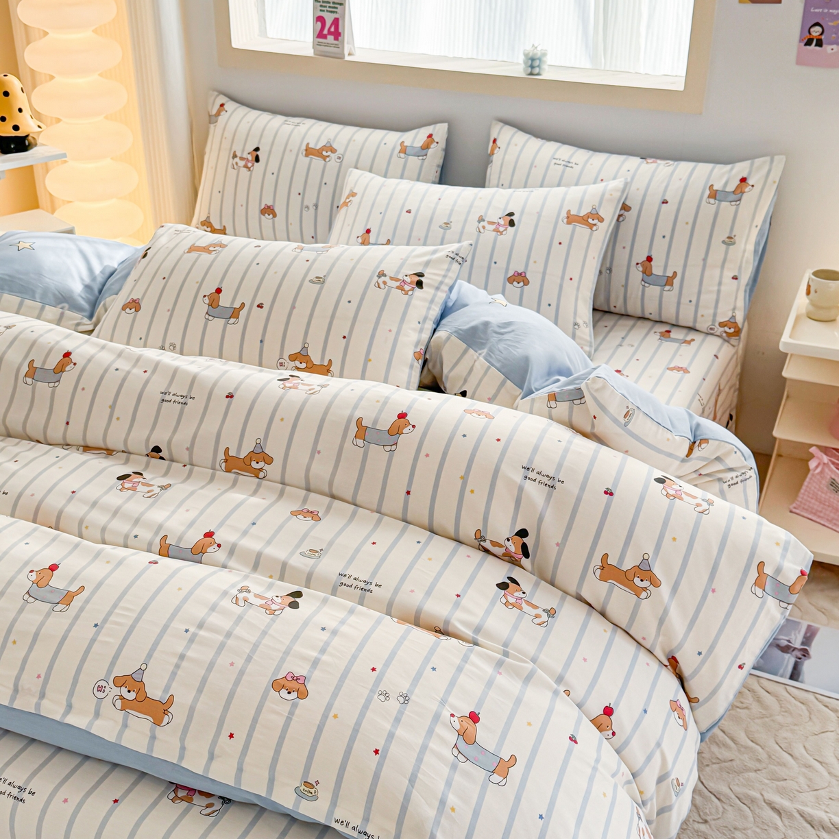 91家纺网 家纺一手货源 找家纺 小蓝孩家纺 2026新款12868全棉纯棉印花四件套（联系商家可打折，尺寸可定制） 糖纸童年