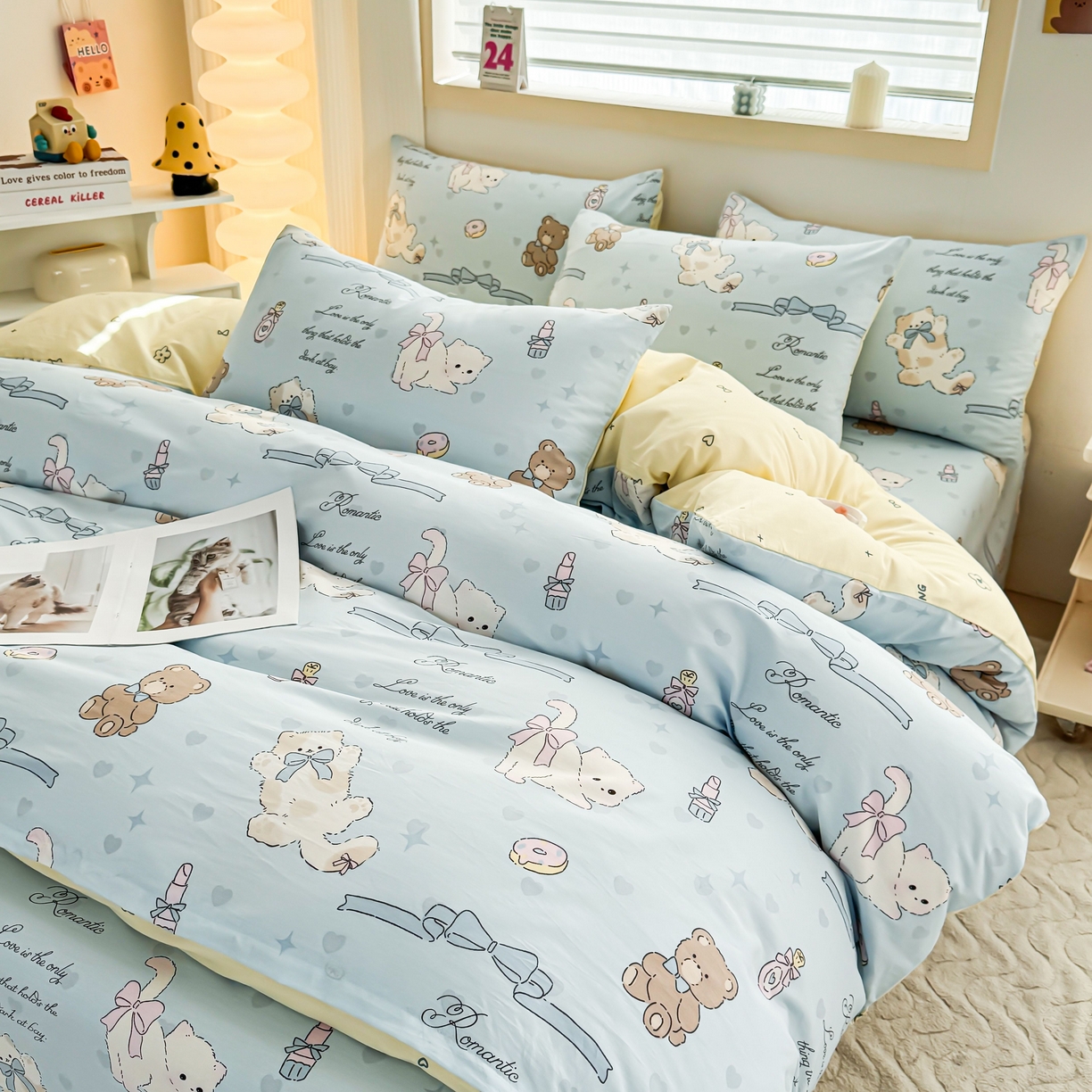 91家纺网 家纺一手货源 找家纺 小蓝孩家纺 2026新款12868全棉纯棉印花四件套（联系商家可打折，尺寸可定制） 奶油阿布-蓝