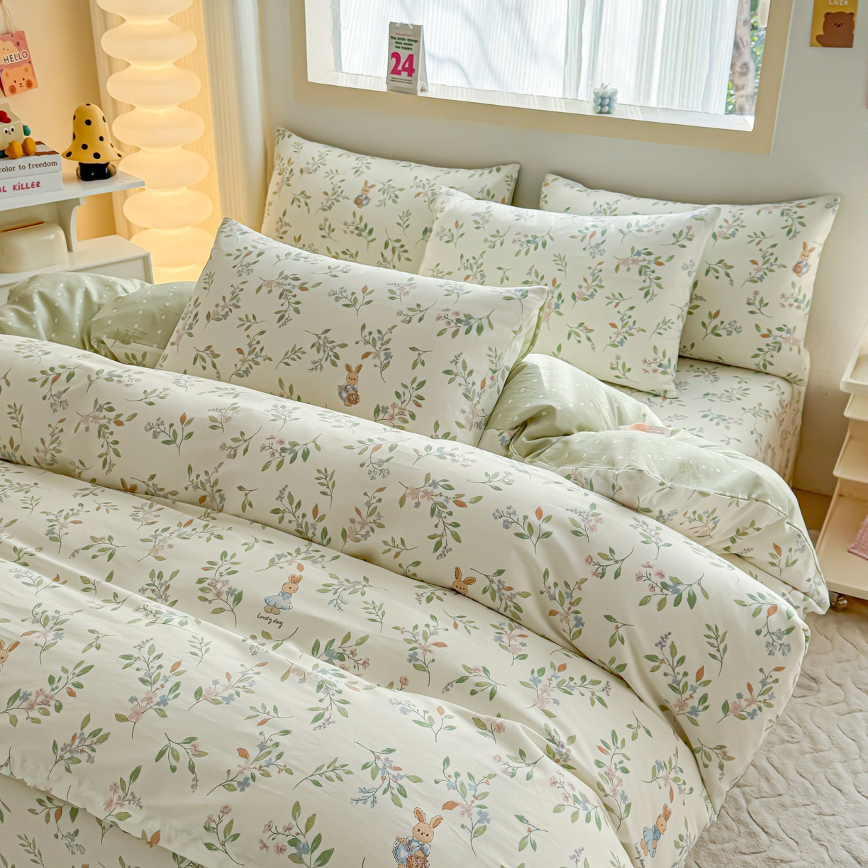 91家纺网 家纺一手货源 找家纺 小蓝孩家纺 2026新款12868全棉纯棉印花四件套（联系商家可打折，尺寸可定制） 风铃小兔