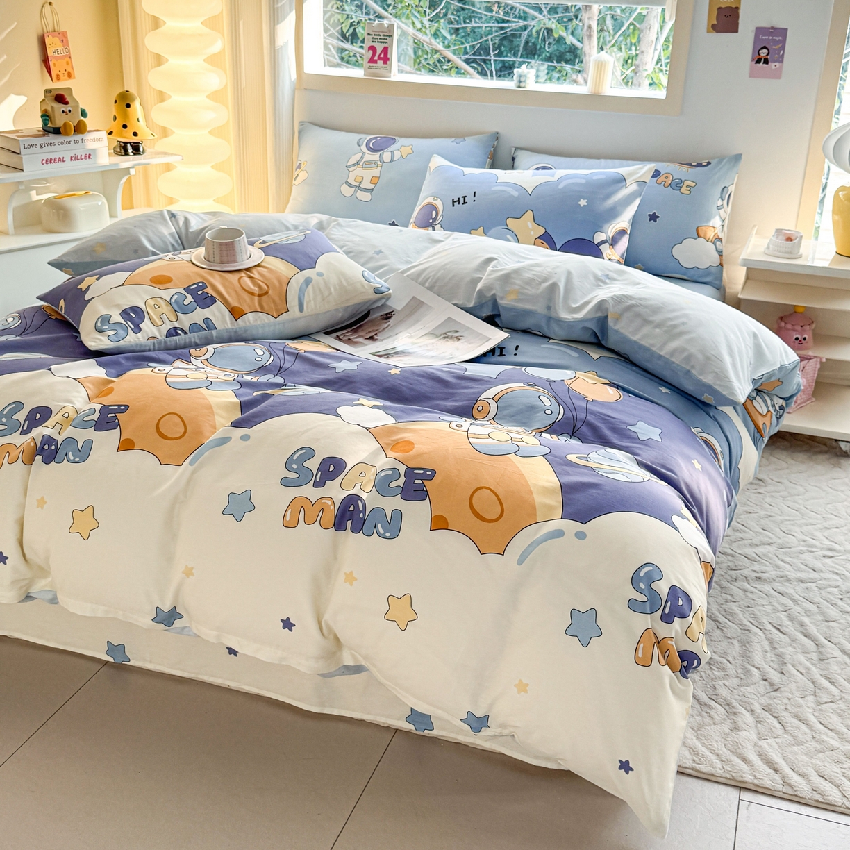 91家纺网 家纺一手货源 找家纺 小蓝孩家纺 2026新款12868全棉纯棉印花四件套（联系商家可打折，尺寸可定制） 太空梦乐园